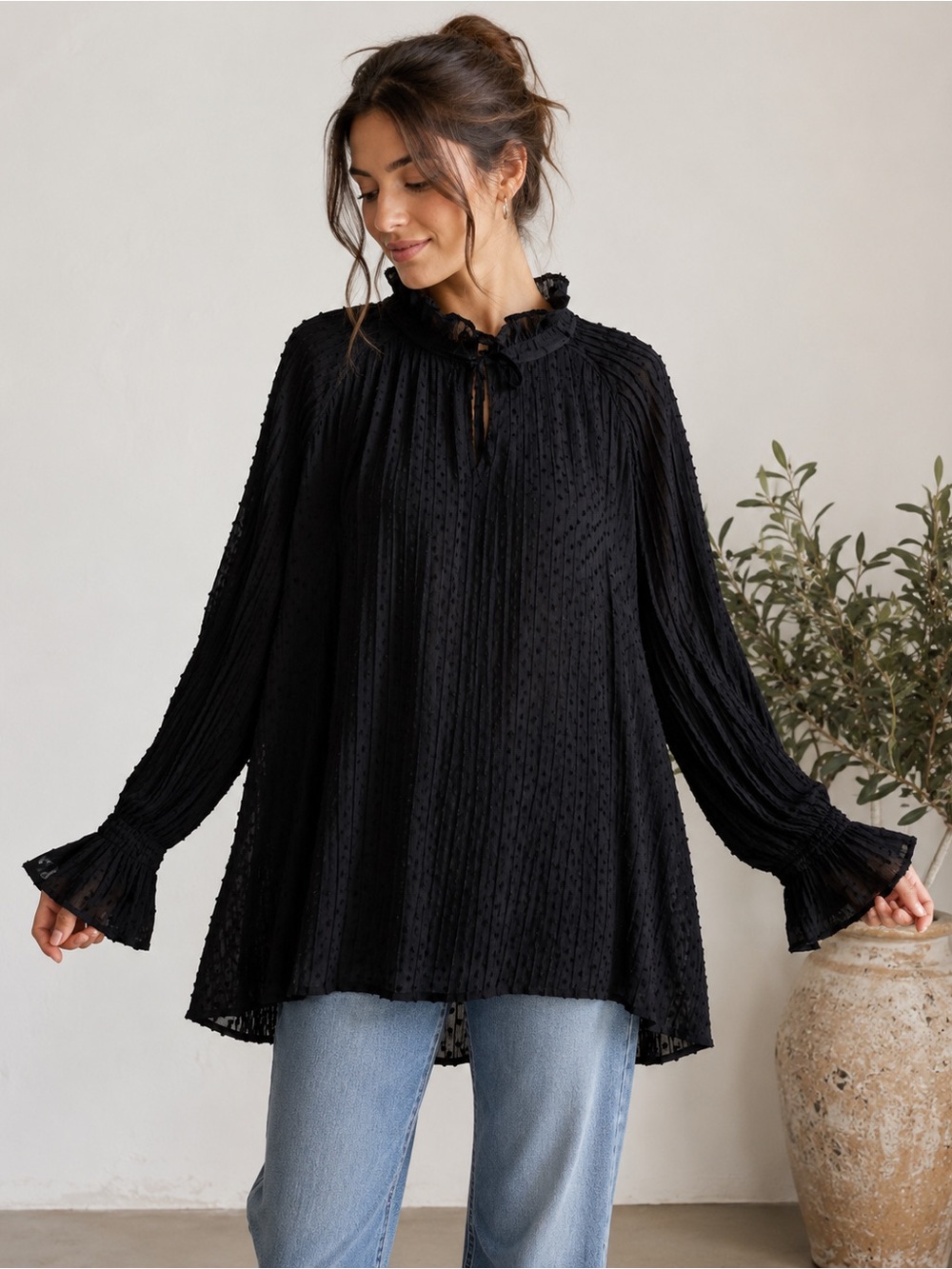 H&M Black Sheer Swiss Dot Ruffle Blouse Tunic Size Small